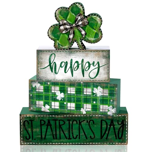 DIYDEC 4Pcs St.Patrick's Day Table Decoration Shamrocks Wooden Block Signs Rustic St. Patrick Tiered Tray Decor Happy St.Patrick's Day Centerpiece Sign for Farmhouse Holiday Tabletop Home Party Decor - style: St.Patrick's Day Shamrocks