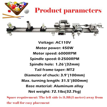 110V Billiard Cue Repair Machine, Pool Cue Lathe Repair Machine Double Track Multi-Function Snooker Cue Fixing Kit 0-2500rpm for Hall/Home/Club 450W