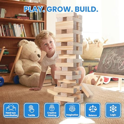 PetGirl Giant Tumble Tower 54PCS - Jumbo Wooden Stacking Game Over 4 FT for Kids Adults Family, Premium Pine Outdoor Yard Game for BBQ, Party, Camping
