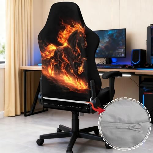 4Pcs Elastic Gaming Chair Slip Cover Set Fire Horse Print Game Chair Cover with Armrest Covers Skin Friendly Breathable, Machine Washable - color: Black and Orange - Fire Horse