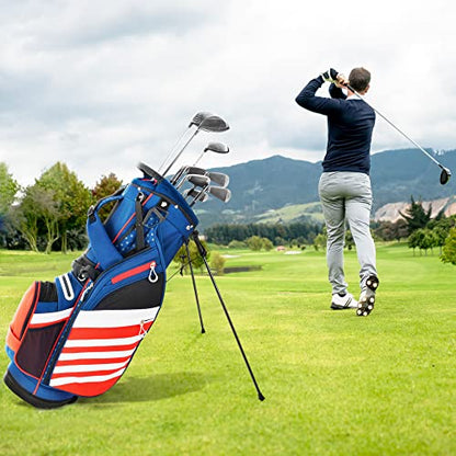 BOBOPRO Golf Stand Bag, Lightweight 14 Way Top Dividers Golf Carry Bag with 8 Pockets, USA Stars & Stripes Golf Bag for Golf Club Golf Cart for Men & Women