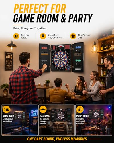 WIN.MAX Electronic Dart Board, Soft Tip Dartboard Cabinet Set for Adults, LED Scoring Dartboard with 38 Games & 211 Variants, Up to 16 Players, 12 Darts+40 Tips, Wall Mount for Bar Game Room Man Cave - style: Silver