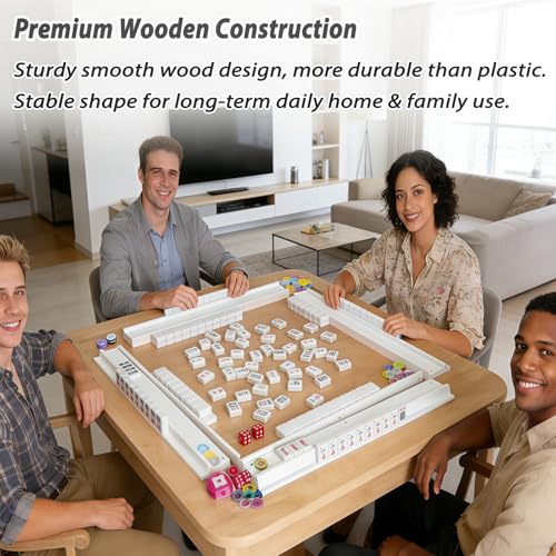 4 PCS Mahjong Racks with Pushers, White Wooden Mahjong Racks with Detachable Magnetic Pushers, Mahjong Tile Pushers and Racks, Includes Chips, Dice & Storage Bags, Mahjong Accessories (19.68 Inch) - color: White