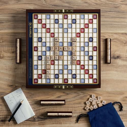 Scrabble Deluxe Travel Edition by WS Game Company | Compact Travel Game Set | Wooden Case with Hidden Storage, Raised Letter Tile Grid, and Magnetic Closure | Scrabble Board Game for 2-4 Players