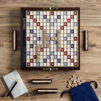 Scrabble Deluxe Travel Edition by WS Game Company | Compact Travel Game Set | Wooden Case with Hidden Storage, Raised Letter Tile Grid, and Magnetic Closure | Scrabble Board Game for 2-4 Players