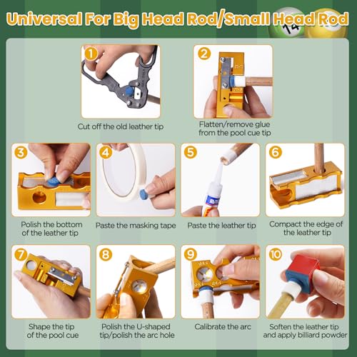 11-in-1 Aluminum Alloy Pool cue Tips Replacement kit,Pool cue tip Shaper,Professional Cue Stick Tool Kit,Pool cue Shaper Accessories for Replacement and Shaping Cue Tips (Yellow)