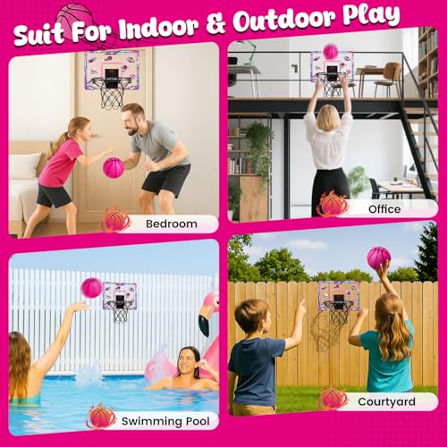 LovesTown Pink Indoor Mini Basketball Hoop, for Girls Ages 4-12, Over The Door Hoop with LED Lights & Electronic Scoreboard, 4 Balls, DIY Stickers, Sports Toys for Family Game Night - style: Charming