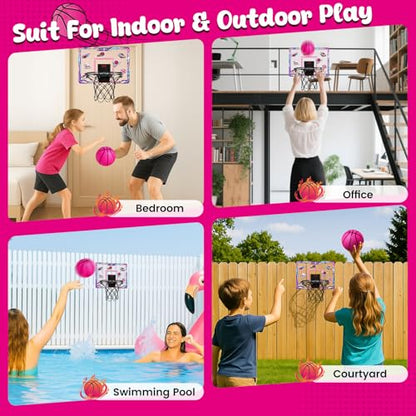 LovesTown Pink Indoor Mini Basketball Hoop, for Girls Ages 4-12, Over The Door Hoop with LED Lights & Electronic Scoreboard, 4 Balls, DIY Stickers, Sports Toys for Family Game Night - style: Charming