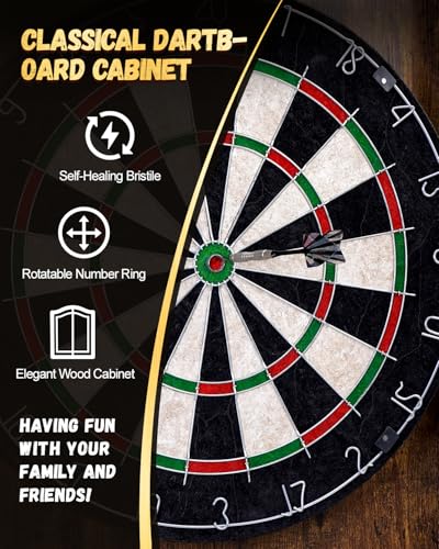 Sisal Dart Board Cabinet Sets, Decorative Dart Boards for Adults [6*Steel Darts] - Wooden Dartboard Cabinet with Integrated Scoreboard for Family Game Rooms - Retro Case