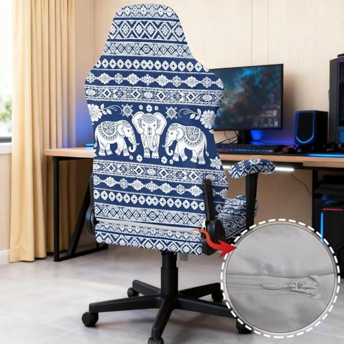 Suobstales Aztec American Tribal Elephant Pattern Gaming Chair Cover with Armrest Covers Waterproof Cat Scratch Proof, Stretch Gaming Chair Seat Covers for Ergonomic Game Rotating Office Chair - color: Aztec American Tribal Elephant