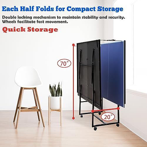 Table Tennis Table Mid-Size, Foldable Ping Pong Table Top Full Size with 2 Paddles, 2 Balls, 1 Net & 4 Wheels, Folding Table Tennis for Indoor & Outdoor, Quick Assembly to Support Multiplayer - size: 9ft