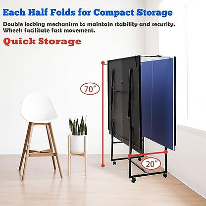 Table Tennis Table Mid-Size, Foldable Ping Pong Table Top Full Size with 2 Paddles, 2 Balls, 1 Net & 4 Wheels, Folding Table Tennis for Indoor & Outdoor, Quick Assembly to Support Multiplayer - size: 9ft