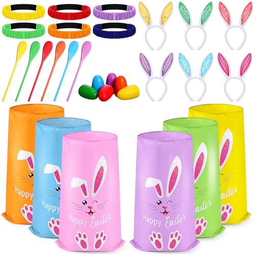 Civaner 30 Pcs Outdoor Games Set for Kids Includes 6 Bunny Potato Sack Race Bags 6 Egg and Spoon 6 Bunny Ears Headbands 6 Legged Relay Race Band for Game Party(Rainbow Color,Happy) - color: Rainbow Color, style: Happy