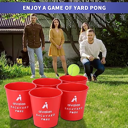 Aivalas Yard Pong Outdoor Games, Giant Yard Games Set with 12 Buckets and Balls for Adults and Family, Toss Game Throwing Games for Beach, Camping, Lawn and Backyard - color: Red/Black
