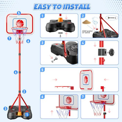 HopeRock 2 in 1 Kids Basketball Hoop and T Ball Set, Adjustable Basket Ball Stand,Hanging Tee Baseball for Toddlers Boys Girls Ages 2 3 4 5 6 7 8 Years Old, Outdoor Toys Gifts