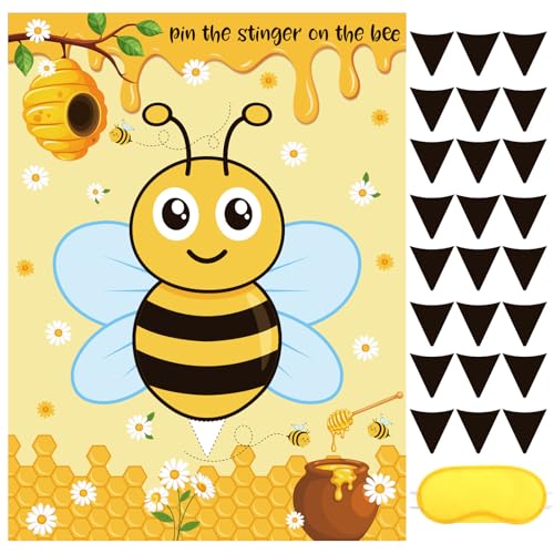 Faccito Bee Party Decorations Pin The Stinger on The Bee Games Honeycomb Poster with 24 Stickers Blindfold Pin Games Set for Honeybee Birthday Party Decorations Indoor Outdoor Activities Supplies - style: Bee