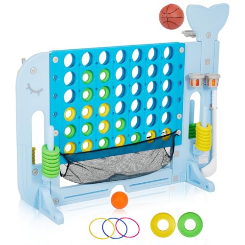 GarveeLife Gaint Connect 4 Jumbo Yard Game for Outdoor, 4-in-1 Jumbo Connect Game Set, with Whale Design, Basketball Hoop, Mini Golf & Ring Toss, for Family Game Kids Adults