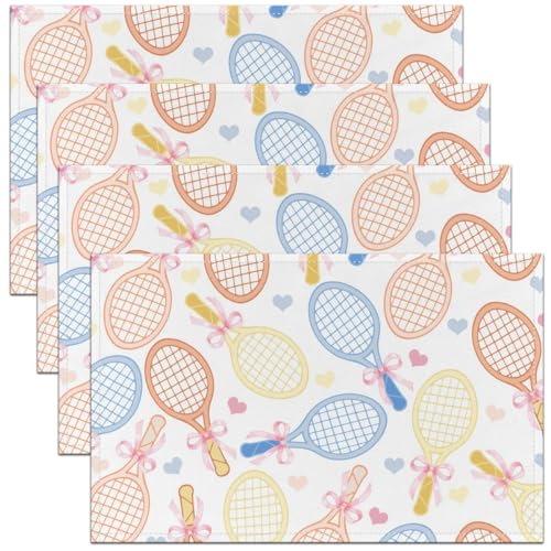 Cartoon Tennis Racket Placemats Set of 4,Colorful Tennis Love Heart Table Mats,Pink Bowknot Print Placemat for Kitchen Dining Table Sweet Cute Dining Table Decor,18"x12" - color: Colorful Tennis