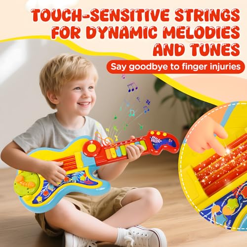 Toddler Guitar Toy 2-4 Years, 4-in-1 Kids Musical Toy with Piano & Projector, Light Up Music Instrument Toy for Toddlers, Learning Educational Toy Gift for 2 3 4 5 Year Old Girls Boys - color: Yellow