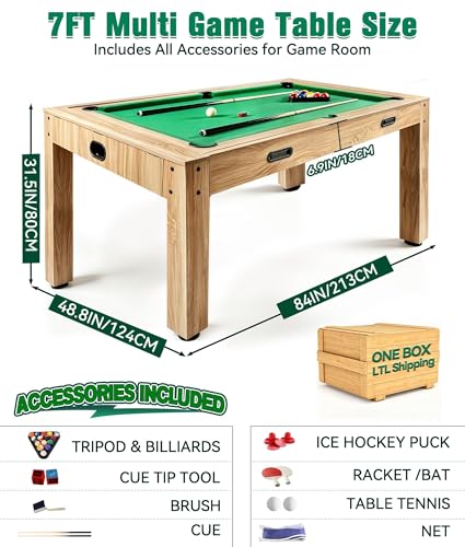 7Ft 4 in 1 Game Table, Pool Ping Pong Air Hockey Combo Table for Adults, 1-Min Switch, No Assembly Game Room Table