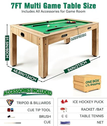 7Ft 4 in 1 Game Table, Pool Ping Pong Air Hockey Combo Table for Adults, 1-Min Switch, No Assembly Game Room Table