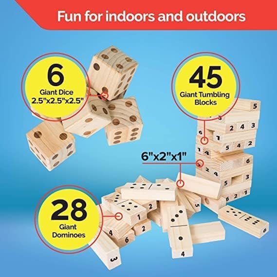Bolaball Extreme Fun Pack: Giant Tumbling Blocks, Dominoes, Dice | 3-in-1 Giant Board Games: Tic Tac Toe, Jumbo Checkers, Reversible Rug | Outdoor Family Games for Adults, Kids, Parties