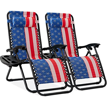 Best Choice Products Set of 2 Adjustable Steel Mesh Zero Gravity Lounge Chair Recliners w/Pillows and Cup Holder Trays - American Flag - color: American Flag, size: Standard