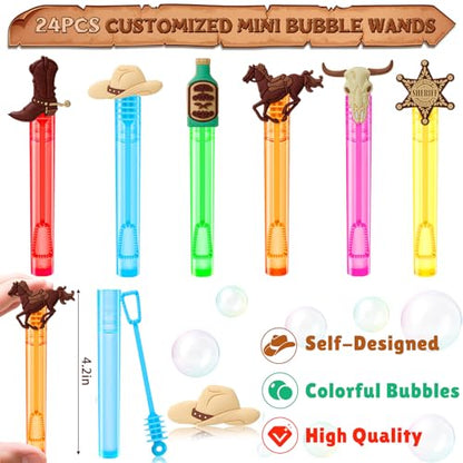 Winrayk Western Cowboy Party Favors, 24Pcs Self-designed Mini Bubble Wands for Kids Bubbles Bulk & Detachable Topper (6 Styles & Colors), Birthday Gift Pinata Filler Goodie Bag Stuffer Classroom Prize - style: Cowboy