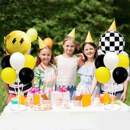 Smile Party Balloons Stand Kit 2 Sets with 2 Black White Checkered Foil Balloons Happy Face Themed Party Balloon Centerpiece for Tables for Baby Birthday Party Yellow Smile Face Themed Decorations - style: Smile