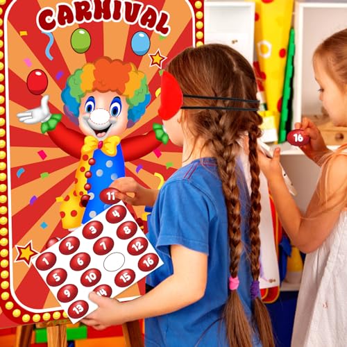 Hooqict Circus Games Pin The Nose on The Clown Carnival Party Games for Kids Clown Party Supplies Circus Themed Birthday Party Decorations, Large Clown Games Poster with 32 Nose Stickers - style: Carnival