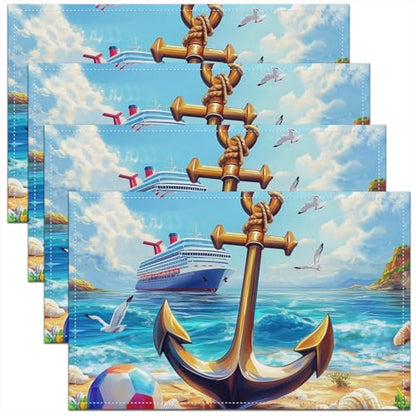 Erosebridal Anchor Placemats Set of 4 12x18 Soccer Beach Place Mat for Kids Teens Men Ship Shell Ocean Nautical Waves Adventure Blue Heat Resisting Table Mats - color: Blue Yellow