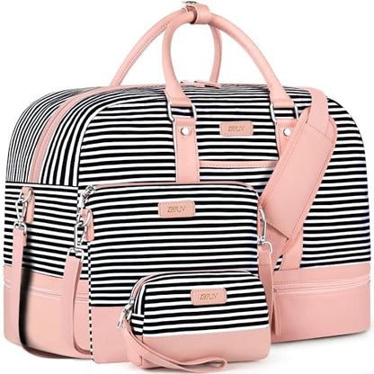 Weekender Bag for Women, Large Overnight Bag Canvas Travel Duffel Bag Carry On Tote with Shoe Compartment 21" 3Pcs Set - color: A07-pink+black & white stripes