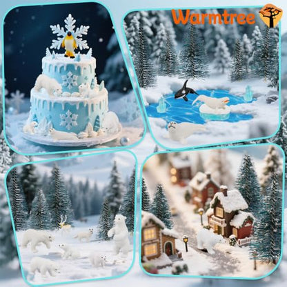 Warmtree 46-Piece Arctic Animals Figurine Set Includes 22 Polar Bear and Penguin Figurines, 6 Mini Pine Trees, 18 Icebergs Snow, Ripple Water Stickers, and Ocean Habitat Diorama Supplies