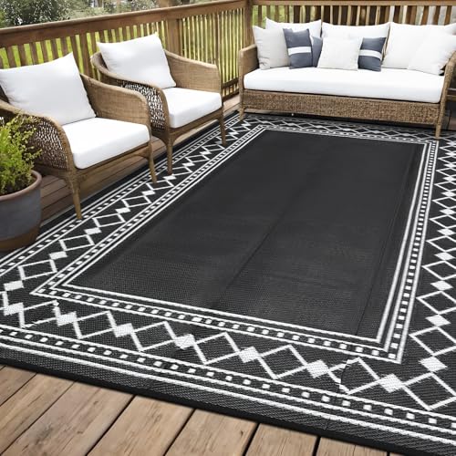 GarveeHome 10x20 Large Outdoor Patio Rug Modern Bordered Plastic Straw Outdoor Rugs Waterproof Foldable UV Resistant Camping Reversible Mats for Deck, Picnic, Porch, Camper, Balcony, Beach, Rv, Black - color: Black & White, size: 10' x 20' (Rectangular)