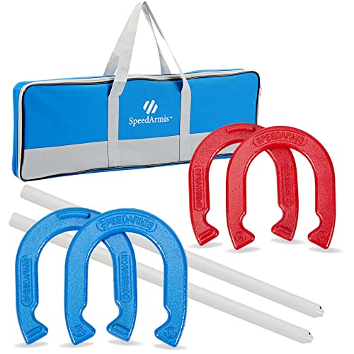 SpeedArmis Horseshoes Outside Game Set - Universal Size Lawn Horseshoes Outdoor Games for Parties Beach Backyard, Includes 4 Horseshoes, 2 Steel Stakes and Durable Carrying Bag - color: Blue and Red