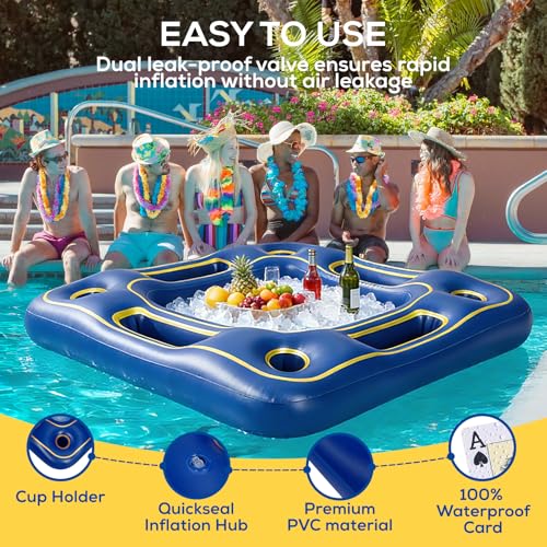 Floating Poker Table for Pool with Waterproof Playing Cards - 4 Person Inflatable Pool Games for Adults - Blue & Gold Premium Floating Card Table Set for Lake, River, and Swimming Party (40 inch)