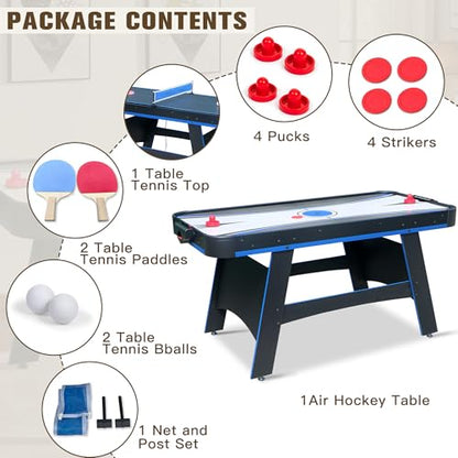 5 Ft Air Hockey, 2-in-1 Hockey Game Table with Table Tennis Top, Multi Game Tables with Strikers, Pucks, Paddles, Balls and net/Post Set