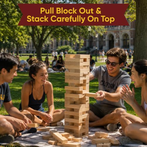 Giant Stacking Tower Game - Stacks Up to 5FT - Premium Wooden Blocks Stacking Tower Game for Family Party, BBQ & Lawn Games - Natural - color: Natural