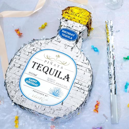 WERNNSAI Tequila Bottle Piñata - Disco Party Decorations for Adults Silver Patron Tequila Piñata with Blindfold for Bachelor Birthday Party Supplies 11.7” x 16.5” - style: Tequila