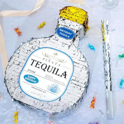 WERNNSAI Tequila Bottle Piñata - Disco Party Decorations for Adults Silver Patron Tequila Piñata with Blindfold for Bachelor Birthday Party Supplies 11.7” x 16.5” - style: Tequila