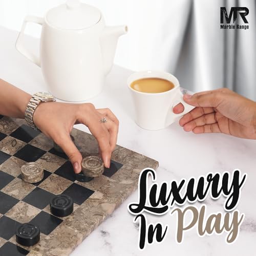 Marble Checkers Board Game 15 Inches Oceanic and Black Handmade 2-Player Tournament Checker Set, Board Game Set – Elegant for Home Decor