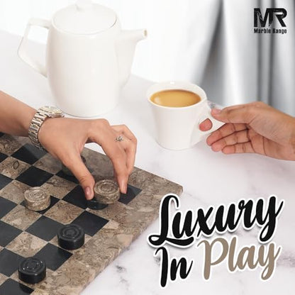 Marble Checkers Board Game 15 Inches Oceanic and Black Handmade 2-Player Tournament Checker Set, Board Game Set – Elegant for Home Decor