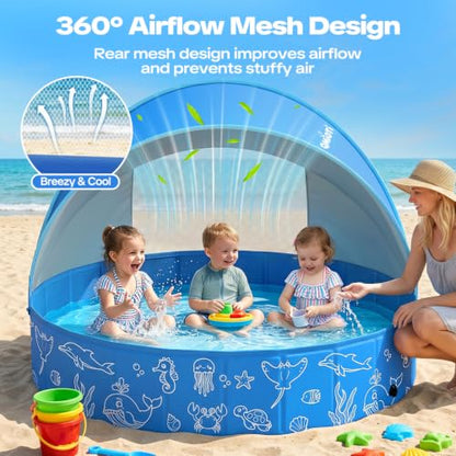 Foldable Kiddie Pool with Canopy, 47in Kids Pool with Detachable UPF 50+ Sunshade, Portable Non-Slip Swimming Pool Dog Pool for Backyard, Beach, Outdoor Summer Water Play - size: 47IN