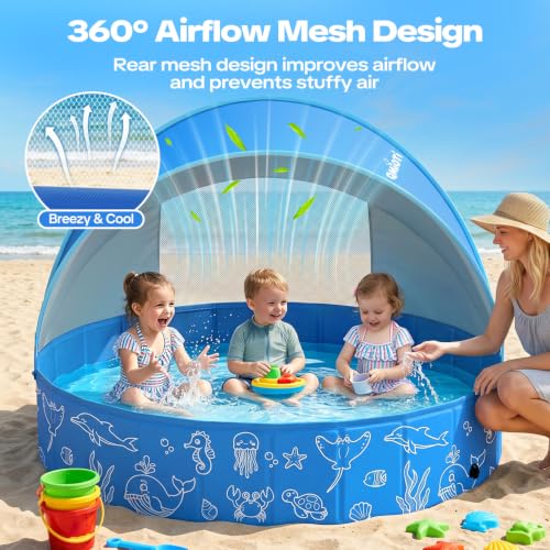 Large Kiddie Pool with Canopy, 79in Foldable Kids Pool, Baby Pool with Detachable UPF 50+ Sunshade, Portable Non-Slip Swimming Pool Dog Pool for Backyard, Beach, Outdoor Summer Water Play - size: 79IN