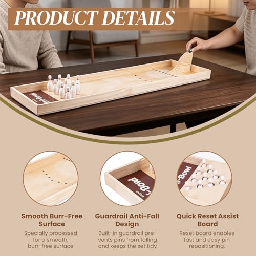 Extguds Wooden Mini Bowling Game Set 2-in-1 with Tabletop Bowling& Curling – Includes Reset Aid Board Tool & Anti-Splash Guard – Handcrafted Wooden Desktop Game for Family Office Party Fun