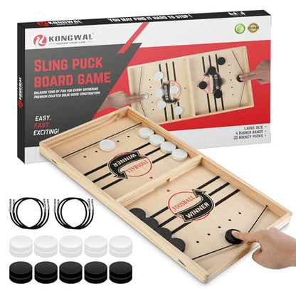 Fast Sling Puck Game, Wooden Air Hockey Board Game with 10 Spare Pucks & 2 Elastic Bands | 2 Player Table Fast-Paced Slingshot Games for Kids & Adults, Fun for Family Night or Friends Party