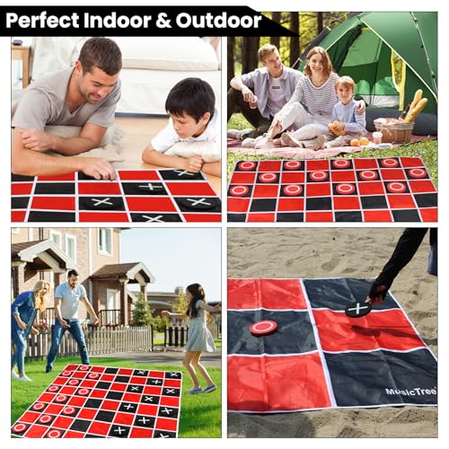 2 in 1 Giant Checkers & Large Tic Tac Toe Game Set (4.6ft x 4.6ft), Jumbo Checkers Outdoor Lawn Games with Chess Board Mat & 4 Ground Stakes, Giant Indoor Outdoor Games for Kids, Yard, Camping Party