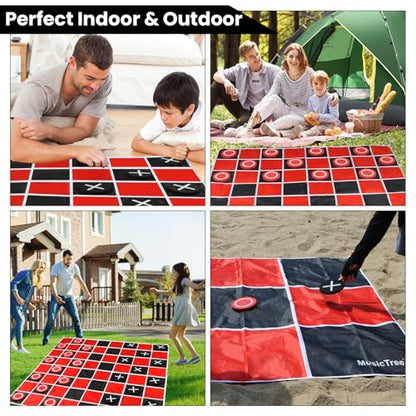 2 in 1 Giant Checkers & Large Tic Tac Toe Game Set (4.6ft x 4.6ft), Jumbo Checkers Outdoor Lawn Games with Chess Board Mat & 4 Ground Stakes, Giant Indoor Outdoor Games for Kids, Yard, Camping Party