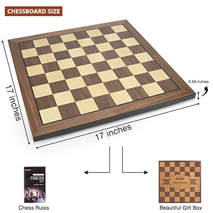 AMEROUS 17 Inches Wooden Chess Board Only, Professional Tournament Chess Board Large with Gift Package - Chess Rules, Beginner Chess Board Game for Adults