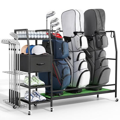 Golf Bag Organizer Storage Rack, Rolling Golf Storage Organizer for Garage, Golf Equipment Holder with Wheels, Turf Mat, Carbon Steel - size: 51.18 in (L) x 15.8 in (W) x 37.4 in (H）